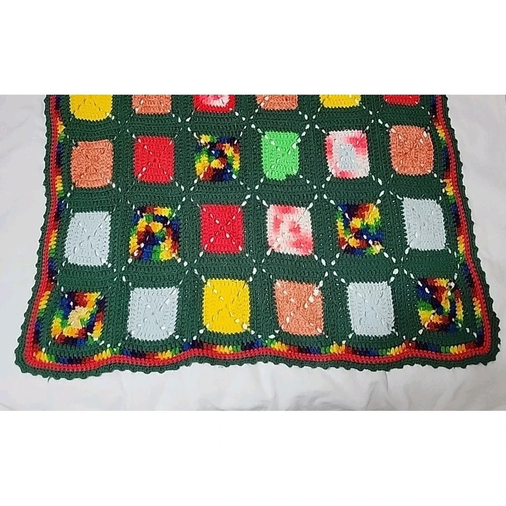 Crocheted‎ Afghan, Handmade Granny Square, Primary Color Green, 36 X 52
